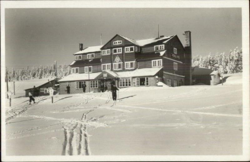 Skiing Ski Lodge Krkonose Kolinska Bouda Real Photo Postcard