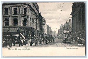 Manchester England Postcard Market Street Trolley Car c1910 Antique Unposted