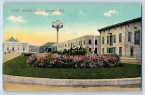 1911 Market Square Park Flower Beads Cannon Building Kenosha Wisconsin Postcard