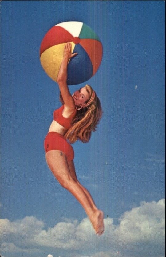 Bathing Beauty Red Bikini w/ Beach Ball 1950s-60s Pin Up Postcard