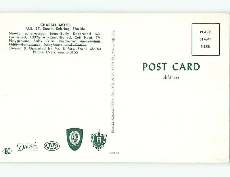 Unused Pre-1980 OLD CARS & CHARBEL MOTEL Sebring Florida FL s5833