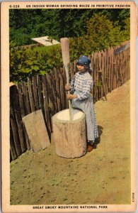 Great Smoky Mountains Indian Woman Grinding Maize In Primitive Fashion 1954