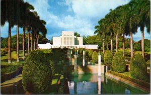 Postcard Hawaii Oahu Laie - LDS Temple - tiered pools in front of temple