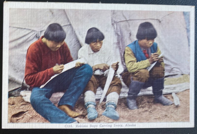 Mint USA Picture Postcard Native American Eskimo Boy Carving Ivory Alaska