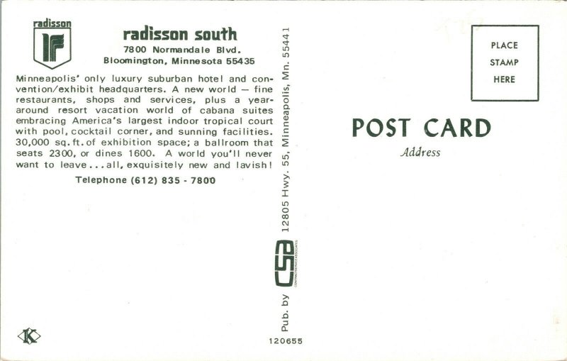 Radisson South Hotel Headquarters Bloomington Minnesota MN Postcard Koppel VTG 