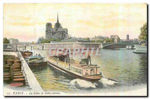 Old Postcard Paris The Seine and Notre Dame Boat