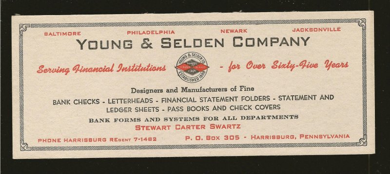 Vintage Young & Selden Company Harrisburg Pennsylvania Ink Blotter Unused