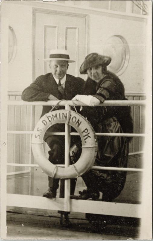 Man and Woman Onboard SS Dominion Boat Ship Couple Unused Antique Postcard E20