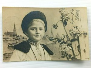 Vintage Postcard 1905 Boy Dressed Up RPPC Photo Sailboats & Water in Background