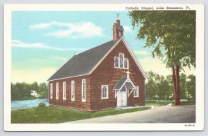 Linen~Catholic Chapel Lake Bomoseen VT~Tree Lined Street~Vintage Postcard