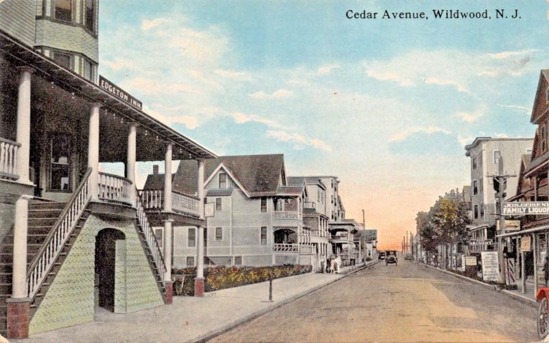 WILDWOOD NEW JERSEY~CEDAR AVENUE-Wm IZARD PUBL POSTCARD 1910s FAMILY LIQUOR SIGN