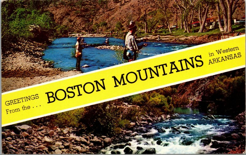 Vtg AR Dual View Banner Greetings from Boston Mountains Arkansas Ozarks Postcard