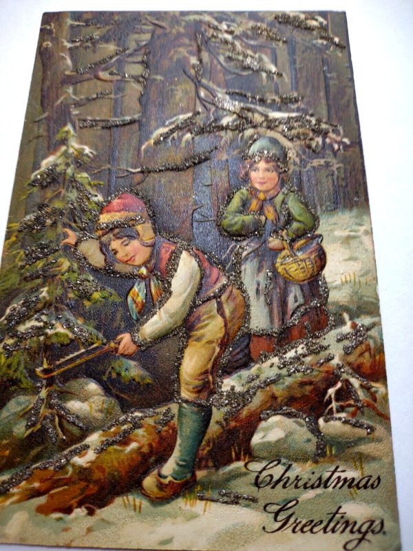 Christmas Postcard Children Cutting Tree Mica Glitter Germany PFB 7143 Embossed