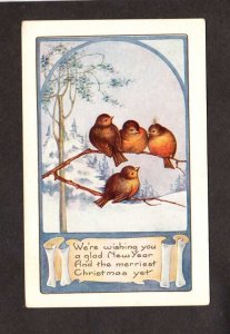 Christmas Glad New Year Christmas Greetings Birds Snow Scroll Postcard