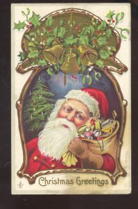 CHRISTMAS GREETINGS SANTA CLAUS GOLD EMBOSSED BELLS VINTAGE POSTCARD 1909