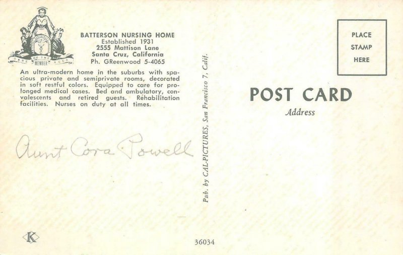 SANTA CRUZ, CA California  BATTERSON NURSING HOME Elderly Care  c1950's Postcard