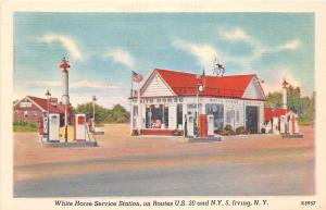 C84/ Irving New York NY Postcard Linen Gas Station White Horse US20 NY5 Roadside