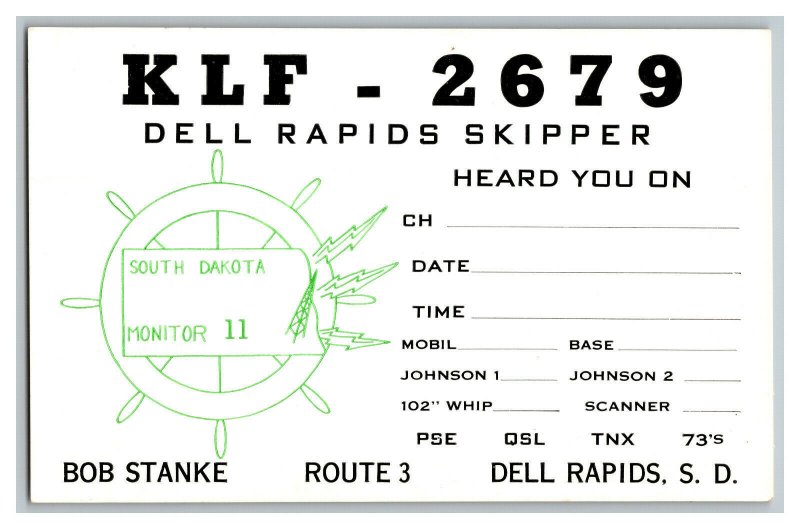 Postcard QSL Radio Card From Dell Rapids S. D. South Dakota KLF-2679 