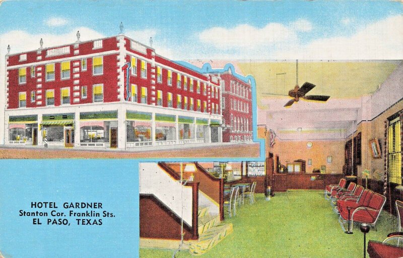 EL PASO TEXAS TX~HOTEL GARDINER-STANTON & FRANKLIN-LOBBY~1940s VINTAGE POSTCARD