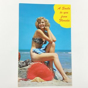 Women Bikini Beach Florida Coastline Beautiful Pinup Blonde Shoreline Postcard