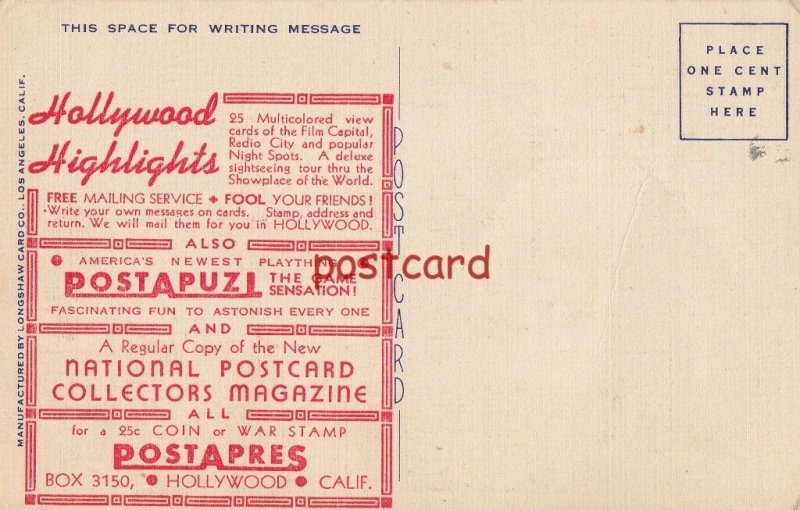 Greetings from HOLLYWOOD California, advertising Postapuzl Postapres, Highlights