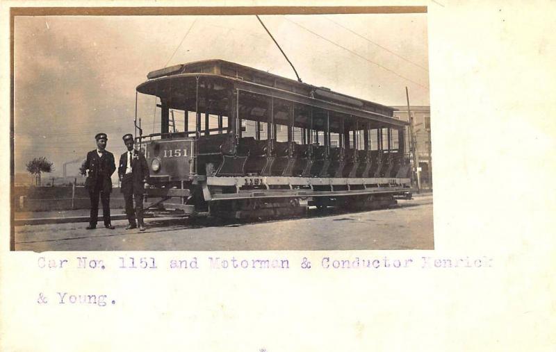 Lynn MA to Reading MA Trolley 1151 Motorman & Conductor RPPC Postcard 