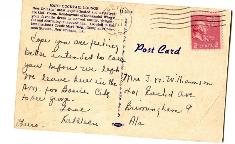 Postcard Mart Cocktail Lounge New Orleans LA 1953