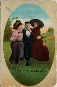 VINTAGE POSTCARD I'VE HAD MY HANDS FULL LATELY ROMANCE HUMOR MAILED 1911