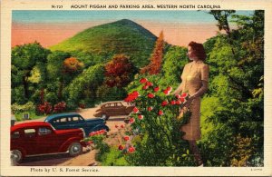 Mount Pisgah Parking Aera Western NC Old Car Red Head Woman Linen Postcard VTG 