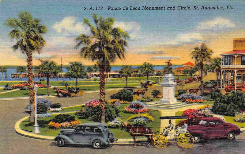 Ponce de Leon Monument Circle Cars St Augustine Florida linen postcard