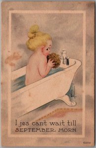 1910s Artist-Signed WALL Postcard Girl Bath Tub Can't Wait till SEPTEMBER MORN 