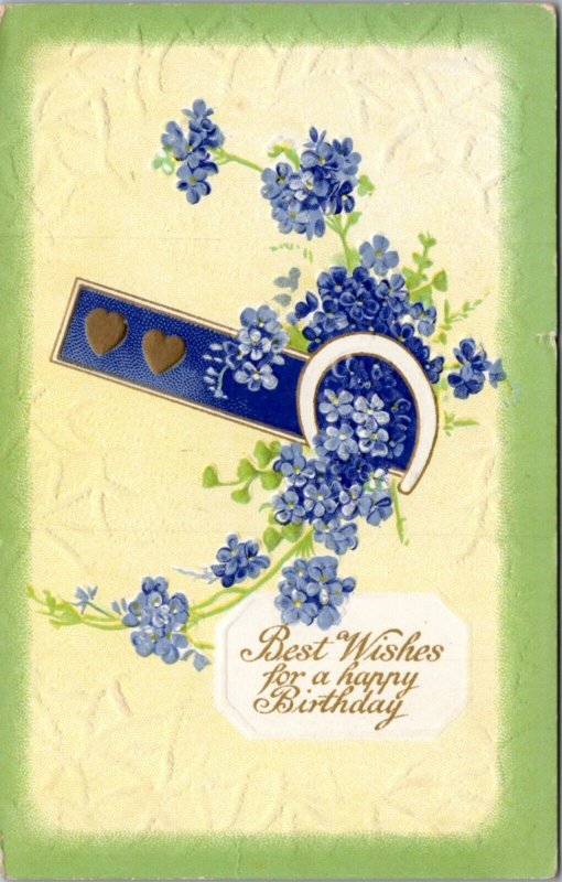 Postcard Birthday Best Wishes - blue Forget-me-not Horseshoe 