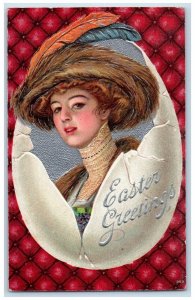 c1910's Easter Greetings Victorian Woman Hatched Egg Embossed Antique Postcard