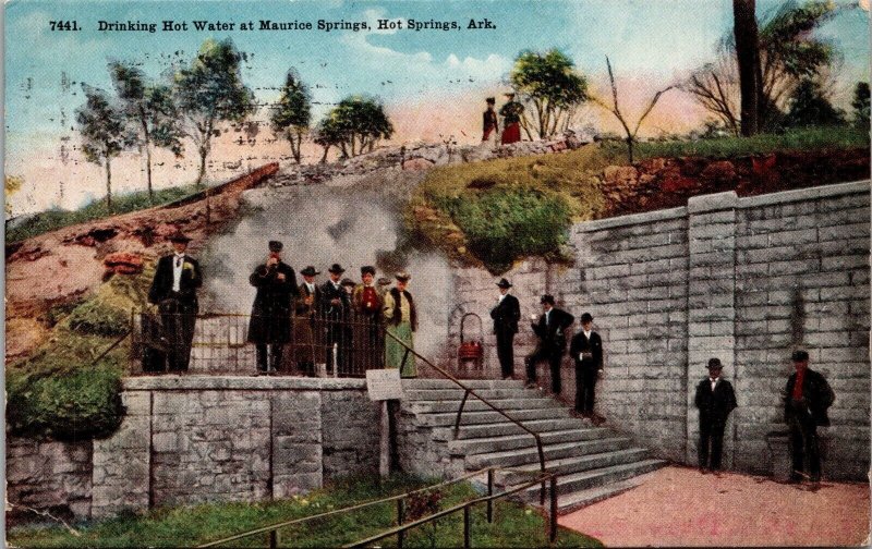Drinking Hot Water at Maurice Springs Hot Springs AR Postcard PC19