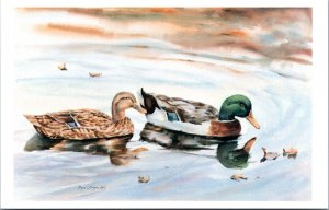 Postcard NJ Burlington - Mallard Ducks art Joyce C Gagen Fine Arts Gallery ad