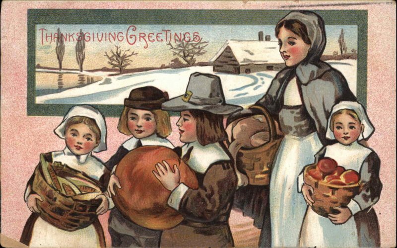 Thanksgiving Pilgrim Family Mother and Children Holiday Feast c1910 Postcard