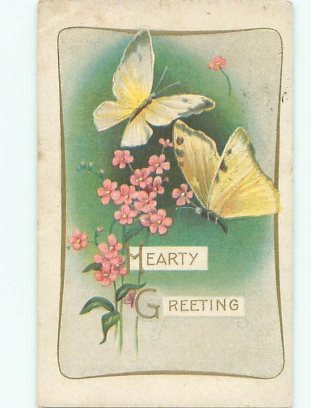 Pre-Linen BEAUTIFUL LARGE YELLOW BUTTERFLIES AND PINK FLOWERS AC4879