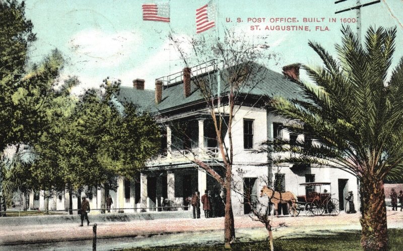 Vintage Postcard 1910's US Post Office Building Built in 1600 St. Augustine Fla.