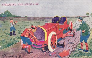 Humour Violating The Speed Limit Men With Broke Down Old Car 1909 Signed Dona...