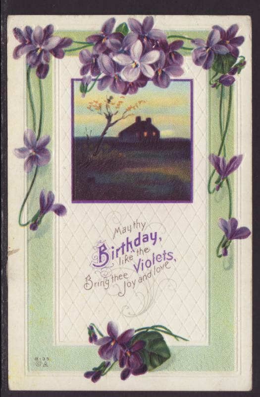 Birthday,Violets,Houses Postcard BIN