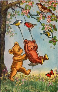 Molly Brett artwork Postcard A Swing For Teddy Bears Birds and Flowering Tree