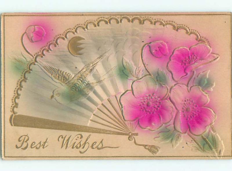 Unused Pre-Linen art nouveau EMBOSSED BIRD ON FAN ON POSTCARD k8435