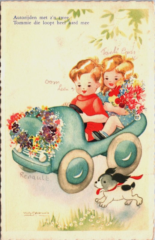 Boy Girl, Willy Schermele With Flowers Car Vintage Postcard C187