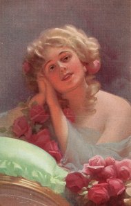 Vintage Postcard Pretty Face Beautiful Lady Portrait Green Pillow Pink Roses