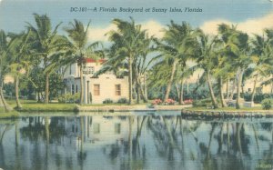 Sunny Isles Florida Backyard, Water, Palm Trees Linen Postcard