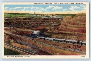 Virginia Minnesota Postcard Mesabi Mountain Open Pit Mine Locomotive Train 1940