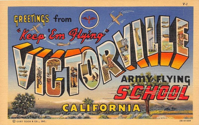 C77/ Victorville California Ca Postcard Linen Large Letter Greetings Keep Flying