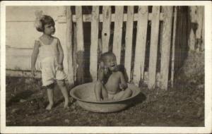 Children - Crying Baby Boy in Big Bowl Sister Girl w/ Annoyed Look on Face