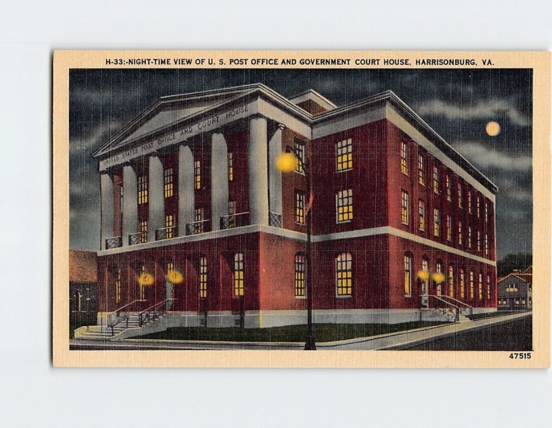 Postcard Night-Time View Of U.S. Post Office And Government Court House, VA