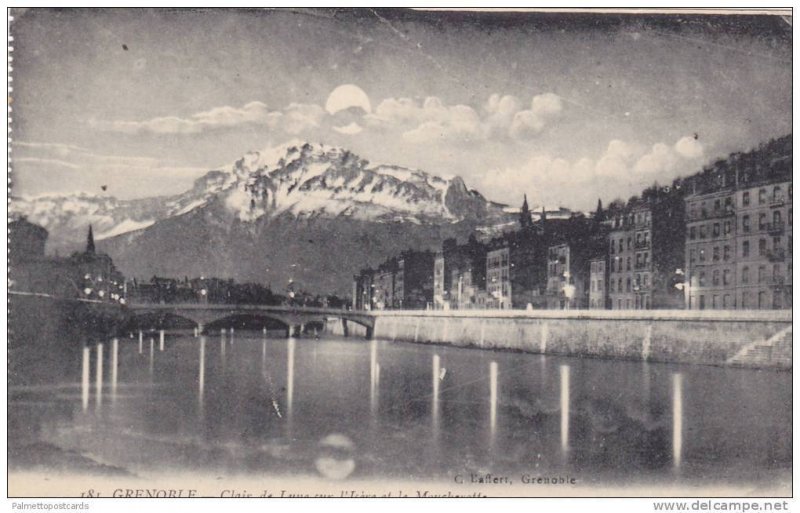 GRENOBLE, Clair de Lune sur l'Isere et le Moucherotte, Rhone-Alpes, France, 0...